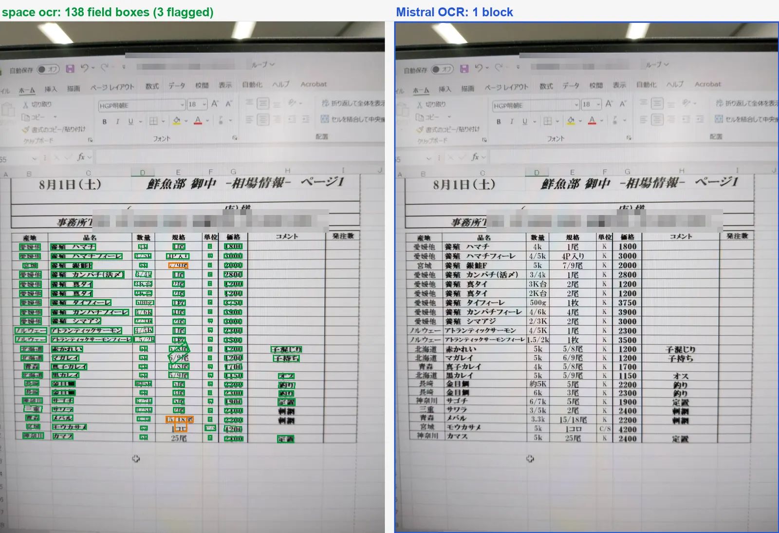Side-by-side comparison of the same document: space ocr returns one coordinate box per value, the other engine returns one block for the whole table